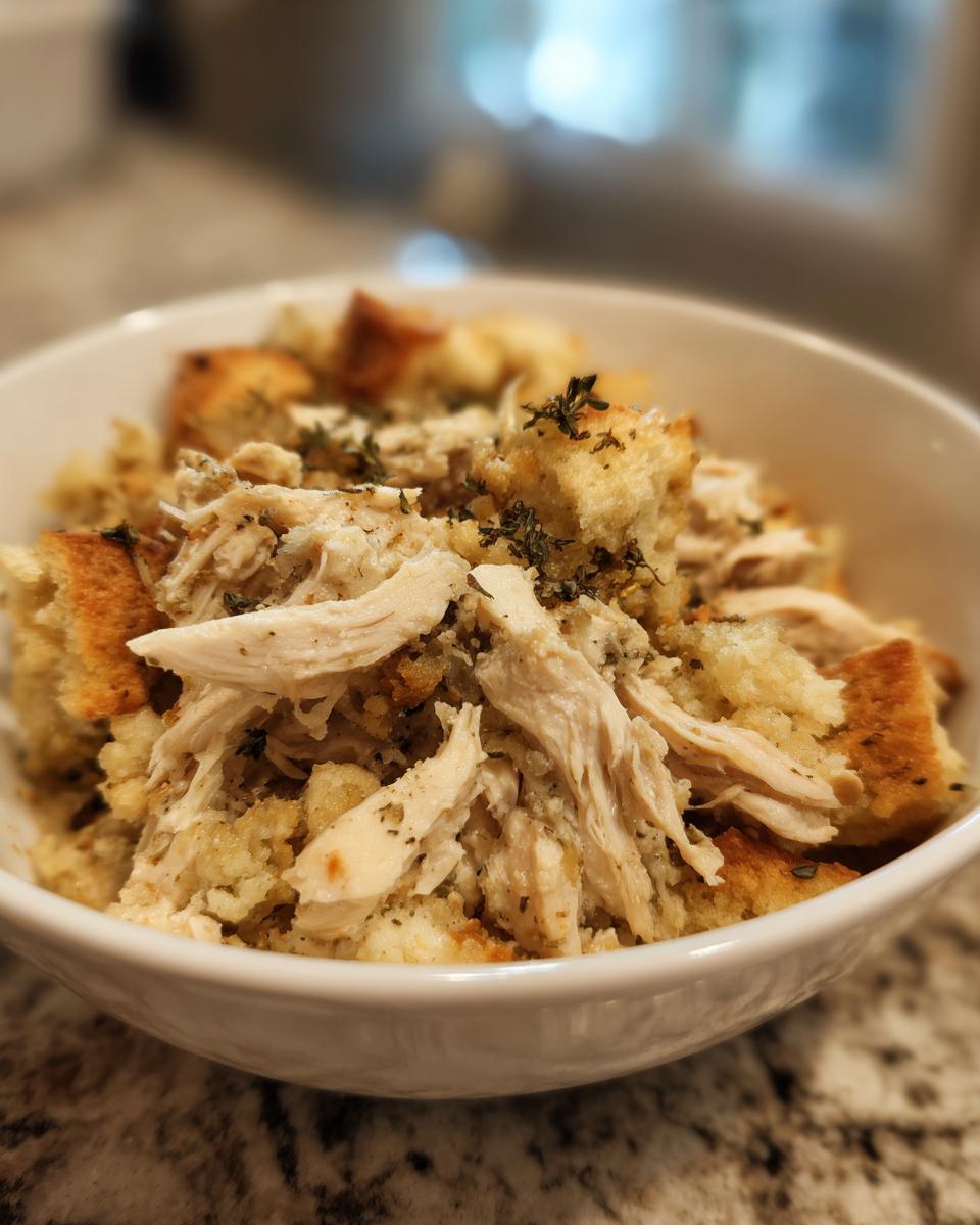 Close-up of shredded chicken mixed with stuffing cubes, topped with herbs, served in a white bowl for crock pot chicken and stuffing.