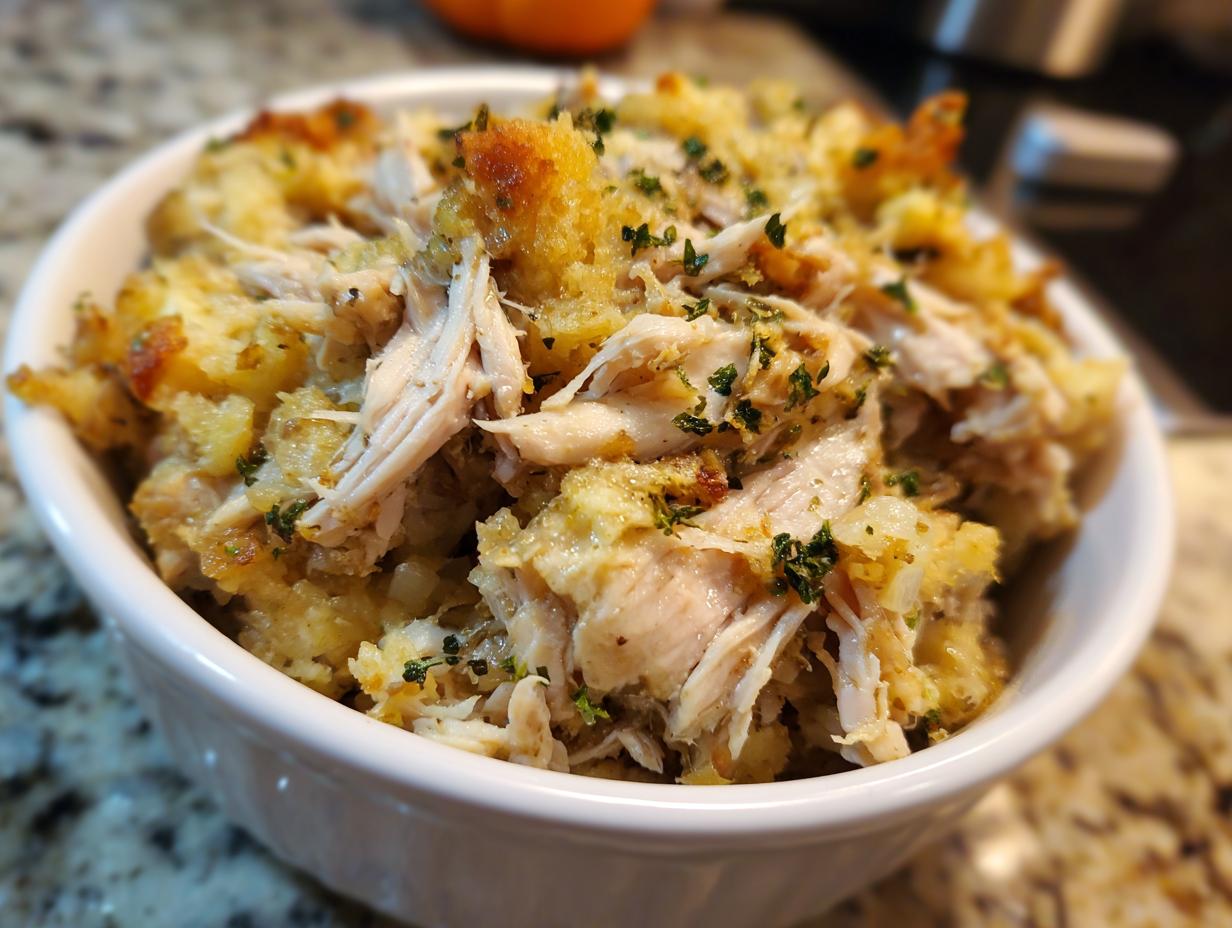 Close-up of shredded chicken mixed with stuffing in a white bowl, representing crock pot chicken and stuffing.