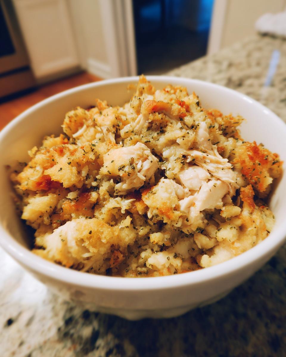 A close-up of a white bowl filled with moist crock pot chicken and stuffing, seasoned with herbs.