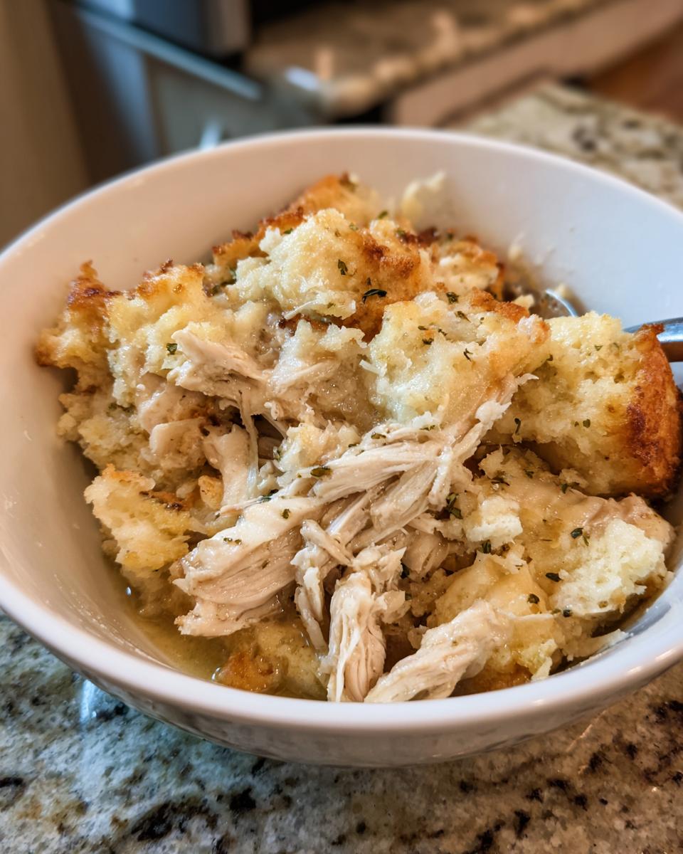 Close-up of a serving of moist crock pot chicken and stuffing topped with herbs in a white bowl.