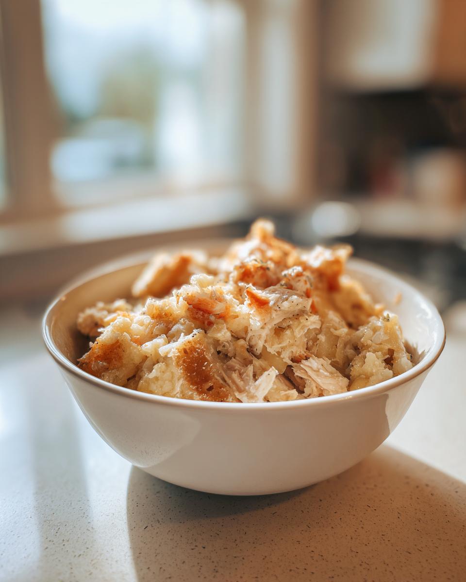 A white bowl filled with moist crock pot chicken and stuffing mixture, served on a light countertop.