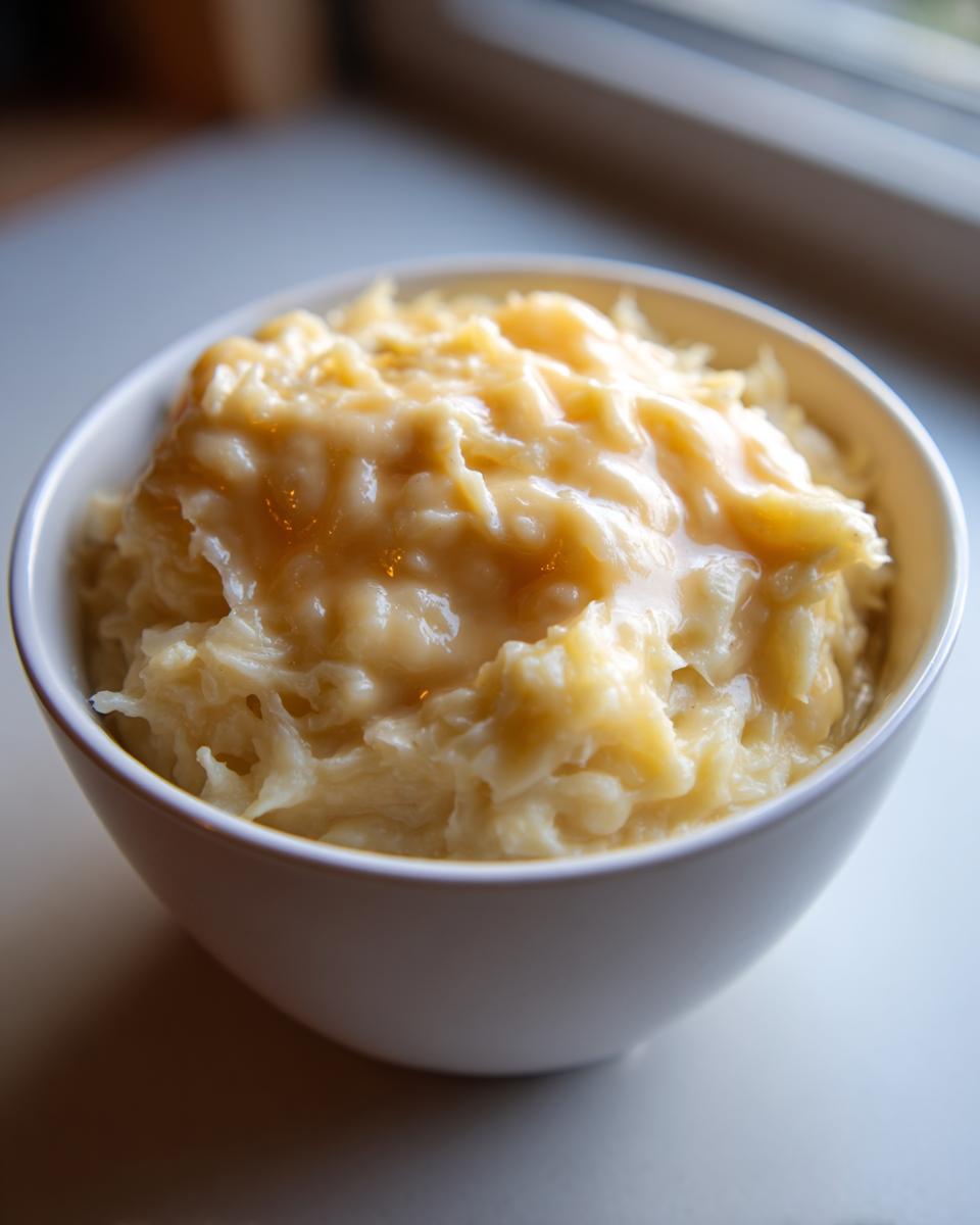 A white bowl filled with creamy, shredded crockpot cheesy potatoes topped with melted cheese sauce.