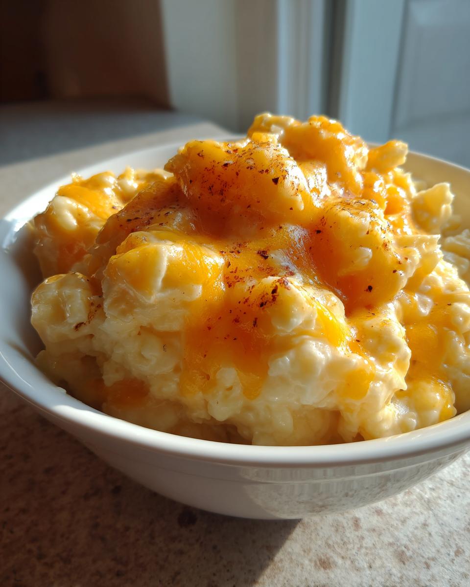 A close-up of a white bowl filled with creamy crockpot cheesy potatoes topped with melted orange cheddar cheese and a sprinkle of paprika.
