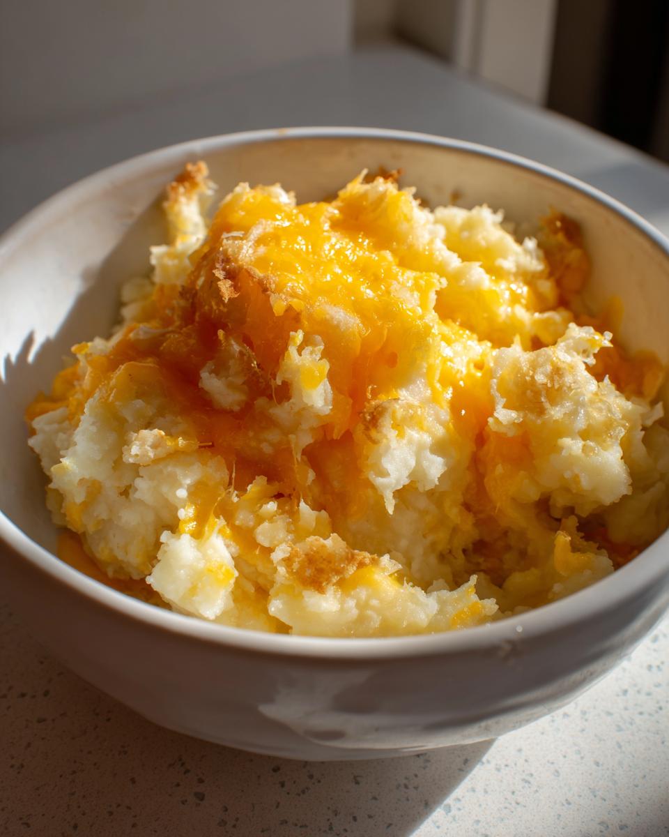 Close-up of a white bowl filled with creamy crockpot cheesy potatoes topped generously with melted orange cheddar cheese.