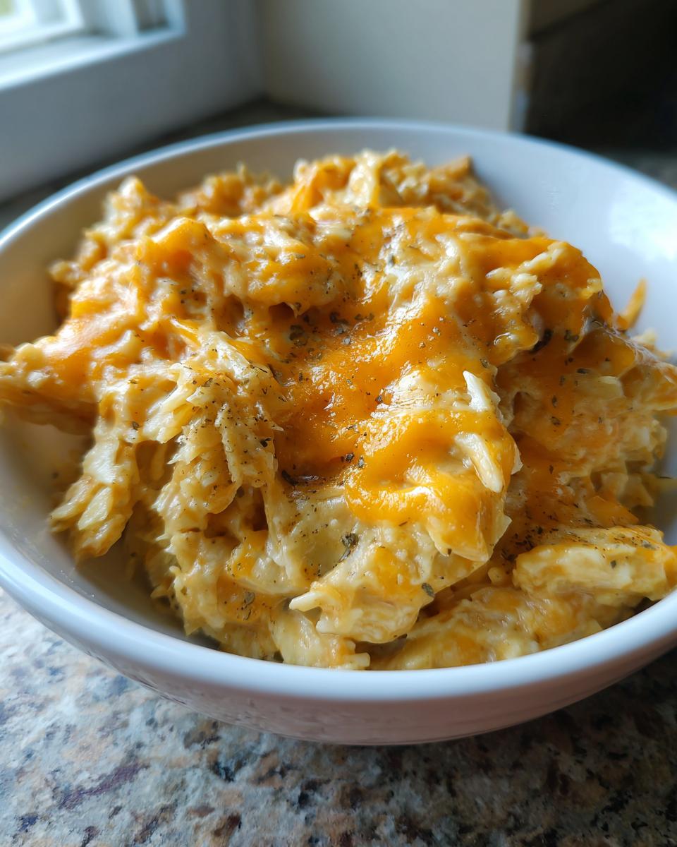Close-up of a white bowl filled with creamy crockpot cheesy potatoes topped with melted cheddar cheese and herbs.