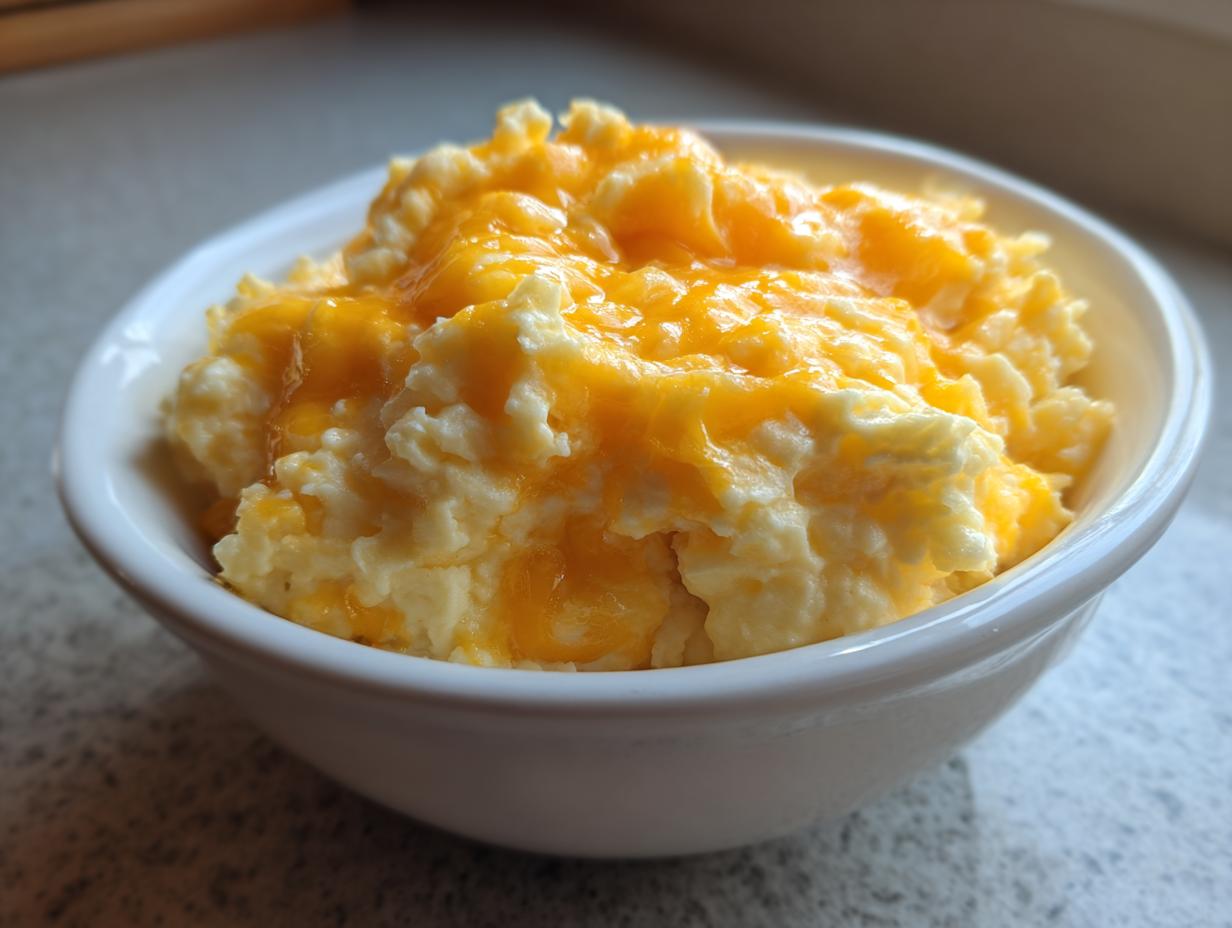 A white bowl filled with creamy crockpot cheesy potatoes topped with melted orange cheddar cheese.