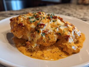 Close-up of a juicy chicken breast smothered in creamy, orange sauce, melted cheese, and sun-dried tomatoes, representing crockpot marry me chicken.