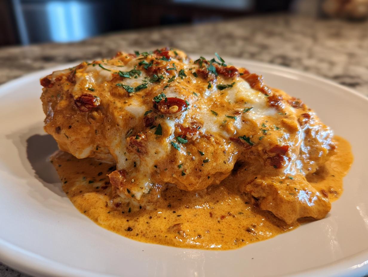 Close-up of a juicy chicken breast smothered in creamy, orange sauce, melted cheese, and sun-dried tomatoes, representing crockpot marry me chicken.