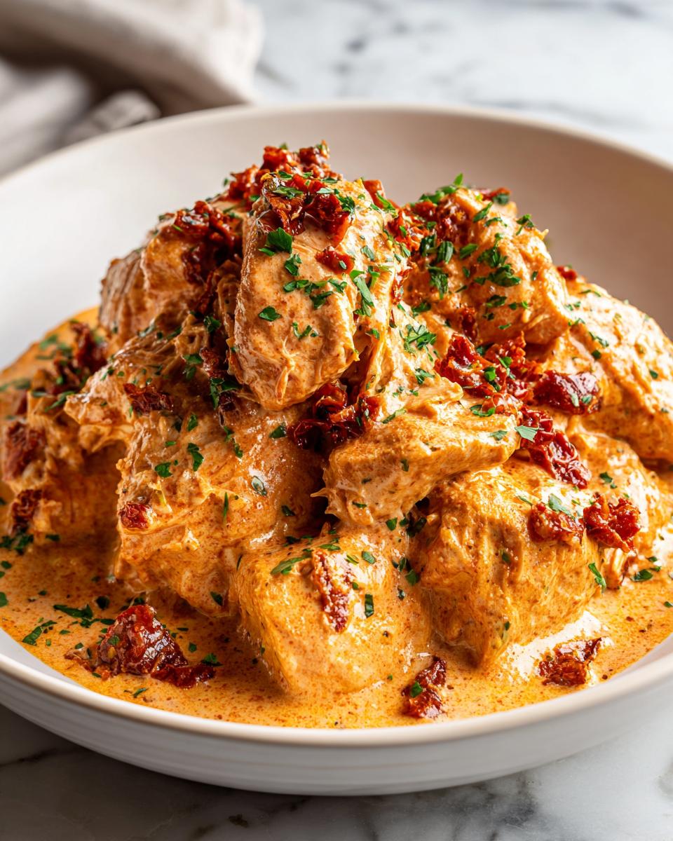 Close-up of tender chicken pieces smothered in creamy sauce, topped with sun-dried tomatoes and parsley, ready to serve as crockpot marry me chicken.