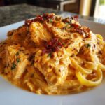 Close-up of tender chicken pieces smothered in creamy sauce, served over pasta, representing crockpot marry me chicken.