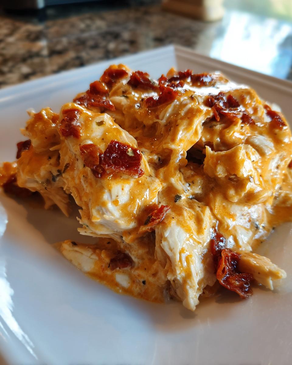 Close-up of shredded chicken coated in a creamy, orange sauce with pieces of sun-dried tomatoes, representing crockpot marry me chicken.