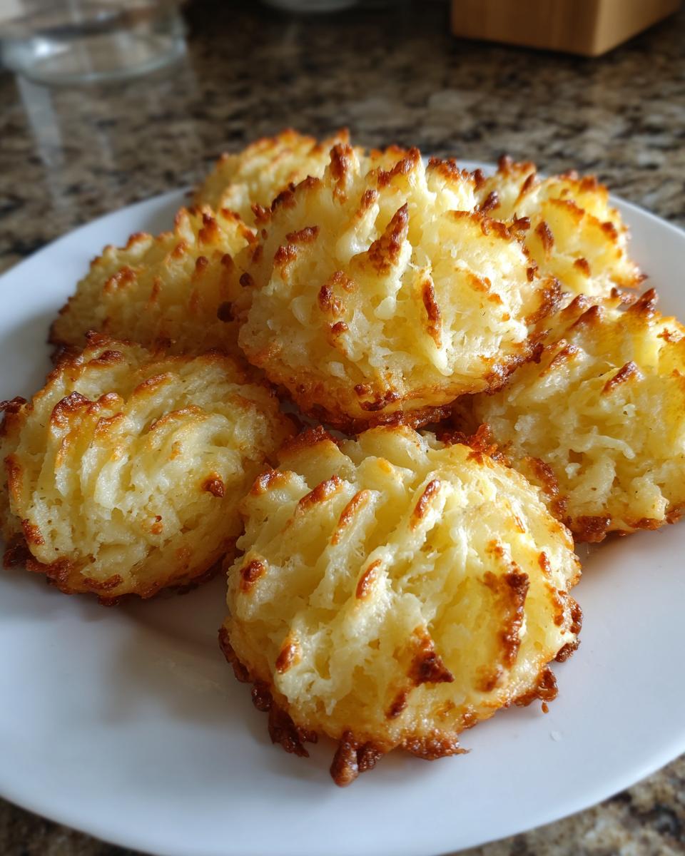 Close-up of piped and baked duchess potatoes with golden brown, crispy edges on a white plate.