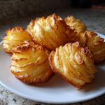 Close-up of several beautifully piped and baked duchess potatoes with crispy, golden-brown edges.