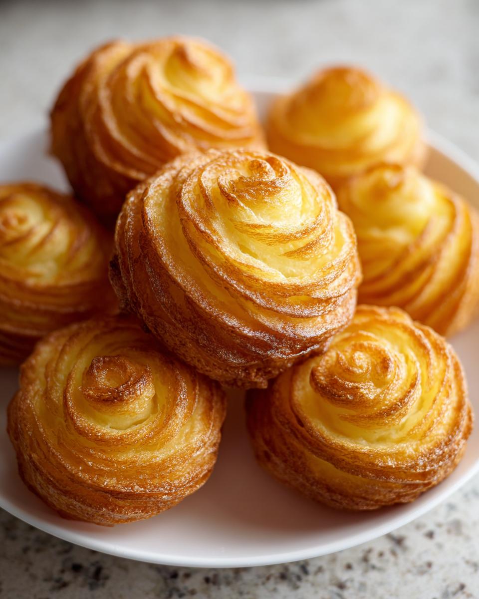 A close-up of several golden-brown, piped Duchess potatoes arranged on a white plate.