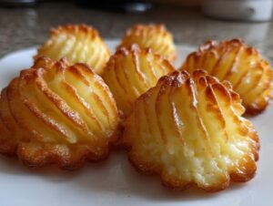 Close-up of several golden brown, piped Duchess Potatoes arranged on a white serving dish.