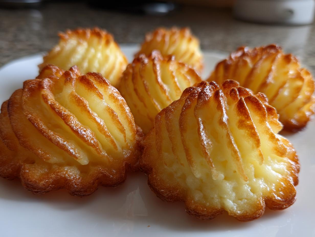 Close-up of several golden brown, piped Duchess Potatoes arranged on a white serving dish.