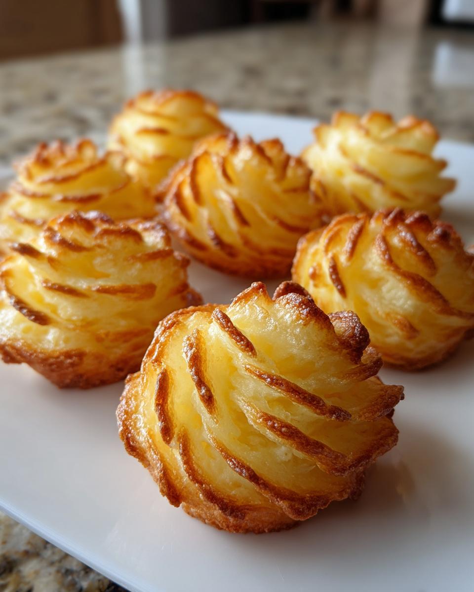Close-up of several golden brown, piped Duchess potatoes shaped like rosettes on a white serving dish.