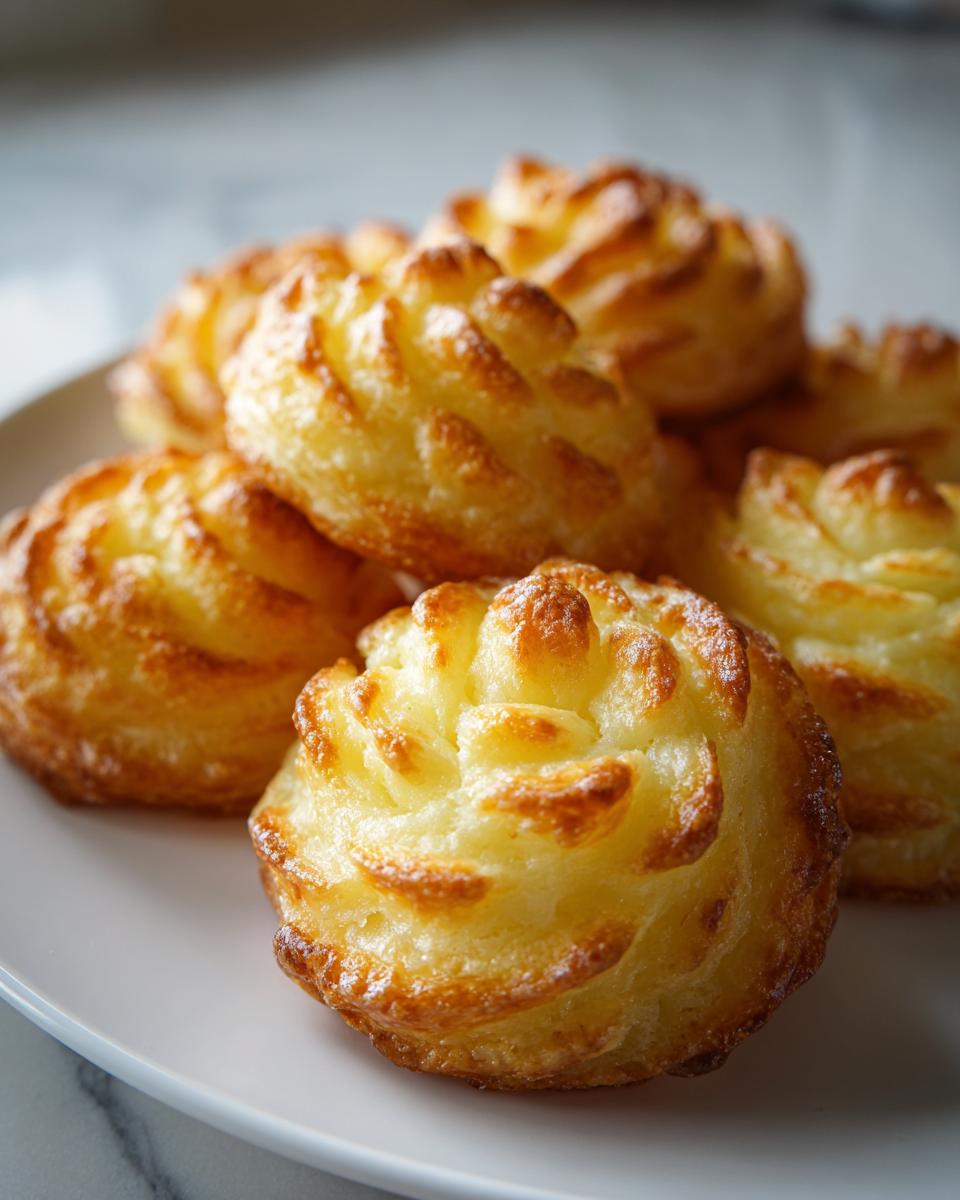 Close-up of several golden brown Duchess Potatoes piped into decorative rosette shapes on a white plate.