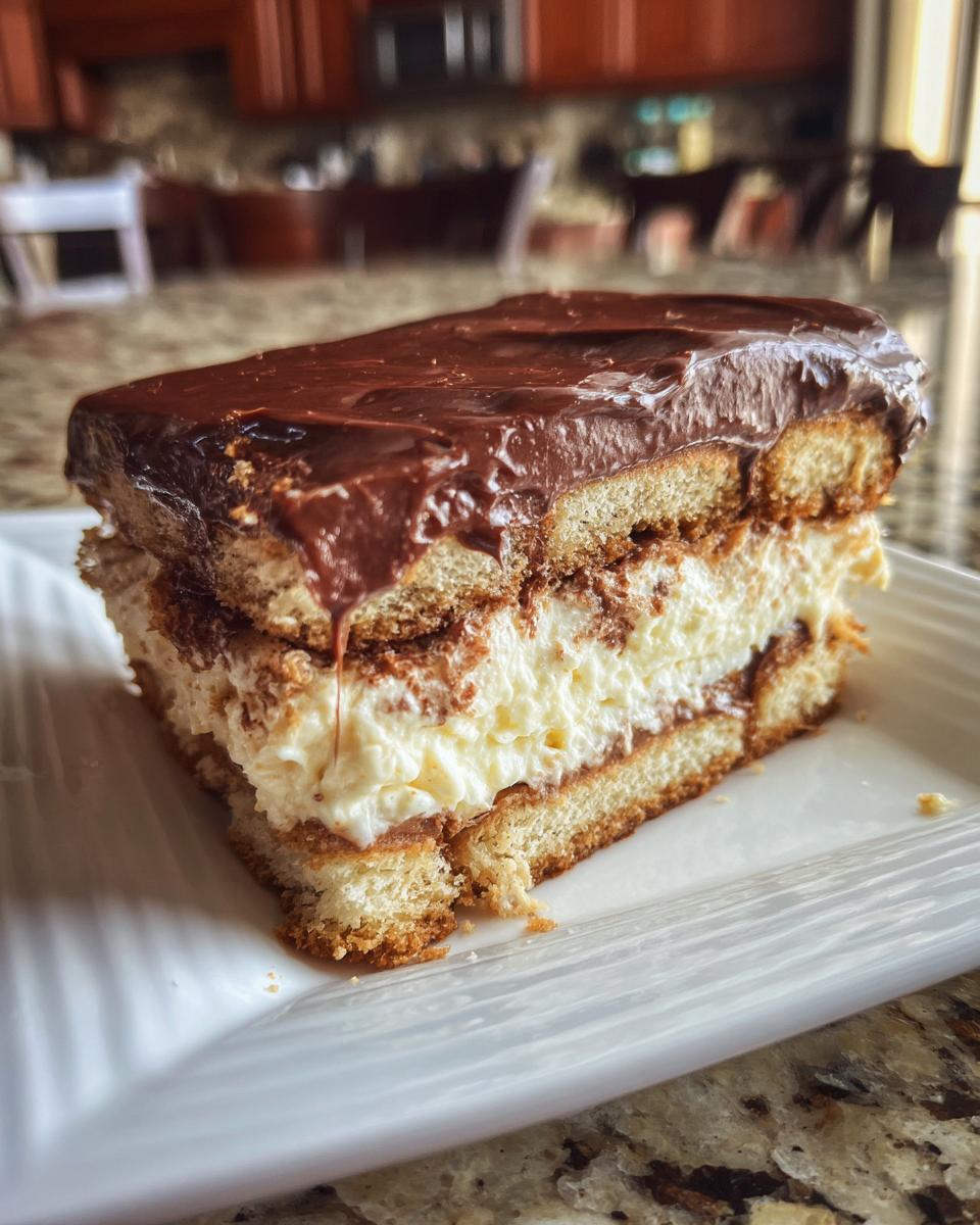 A close-up slice of eclair cake featuring layers of ladyfingers, creamy filling, and chocolate frosting.
