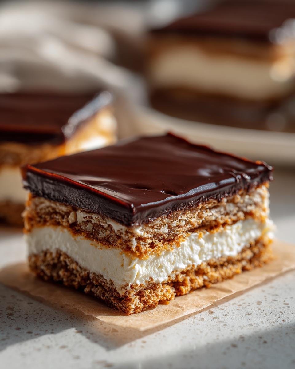 A decadent square slice of eclair cake showing layers of graham crust, white cream filling, and rich chocolate topping.