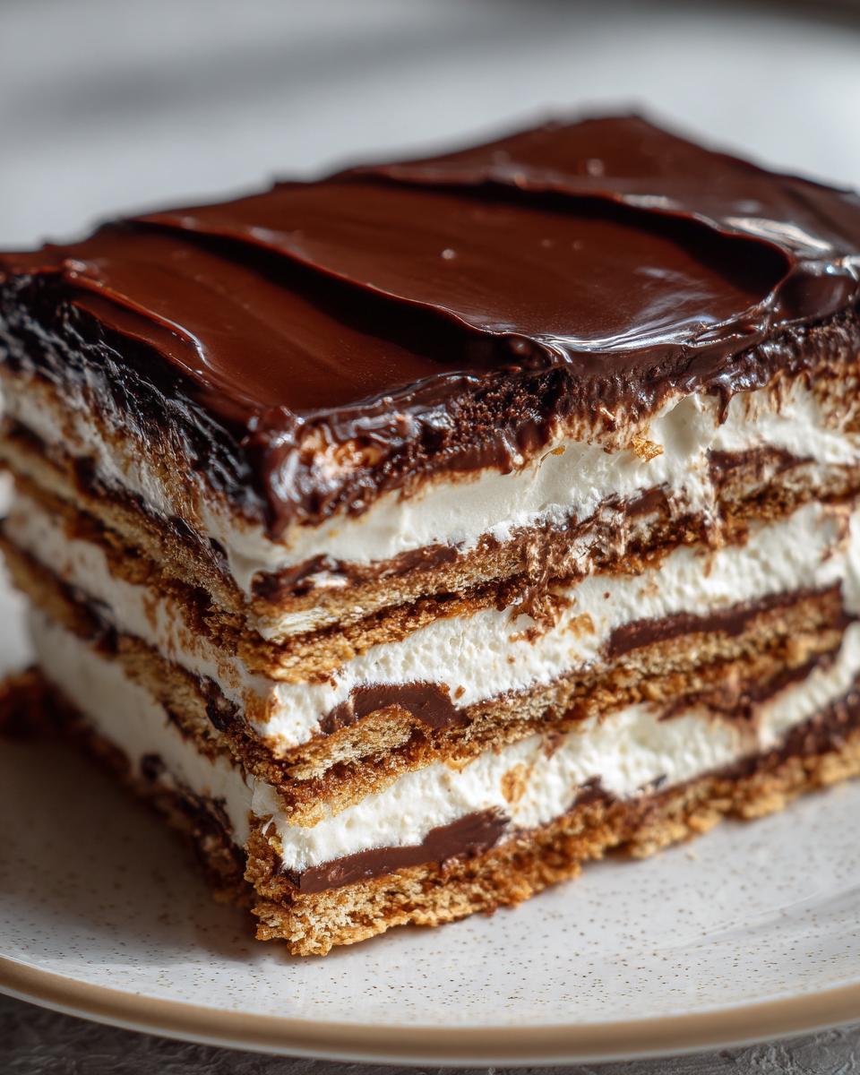A delicious slice of eclair cake showing layers of graham crackers, cream filling, and rich chocolate frosting.