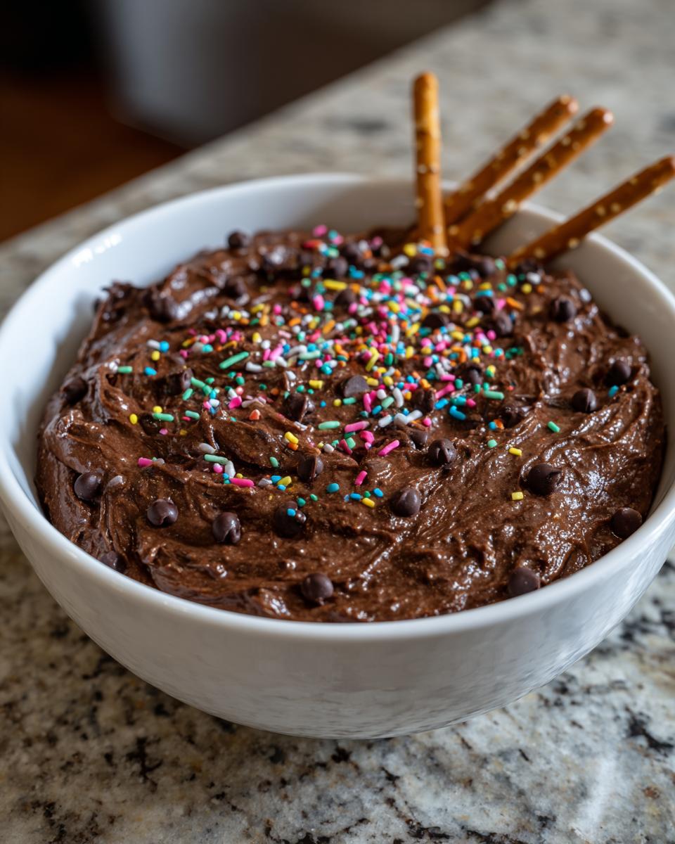 Close-up of rich, chocolate brownie batter dip topped with colorful sprinkles and mini chocolate chips, served with pretzel sticks.