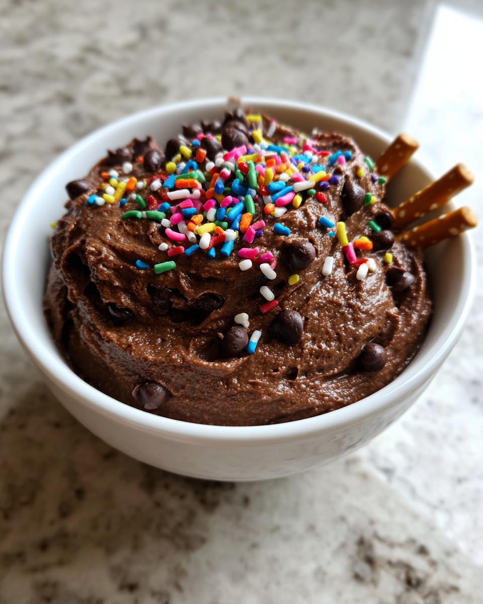 A white bowl filled with rich, thick brownie batter dip, topped with chocolate chips and colorful sprinkles.