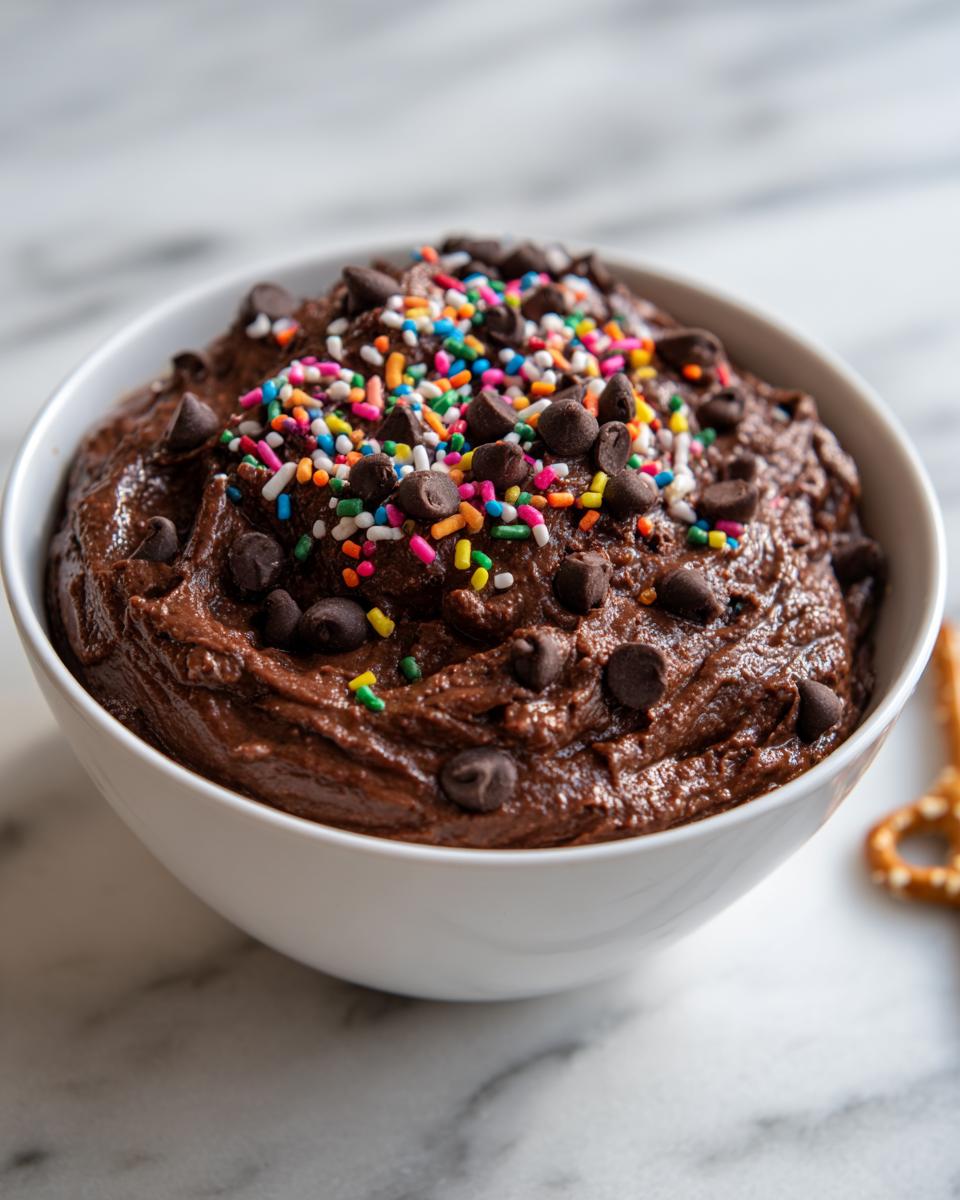 A white bowl filled with rich, thick brownie batter dip topped with colorful sprinkles and chocolate chips.