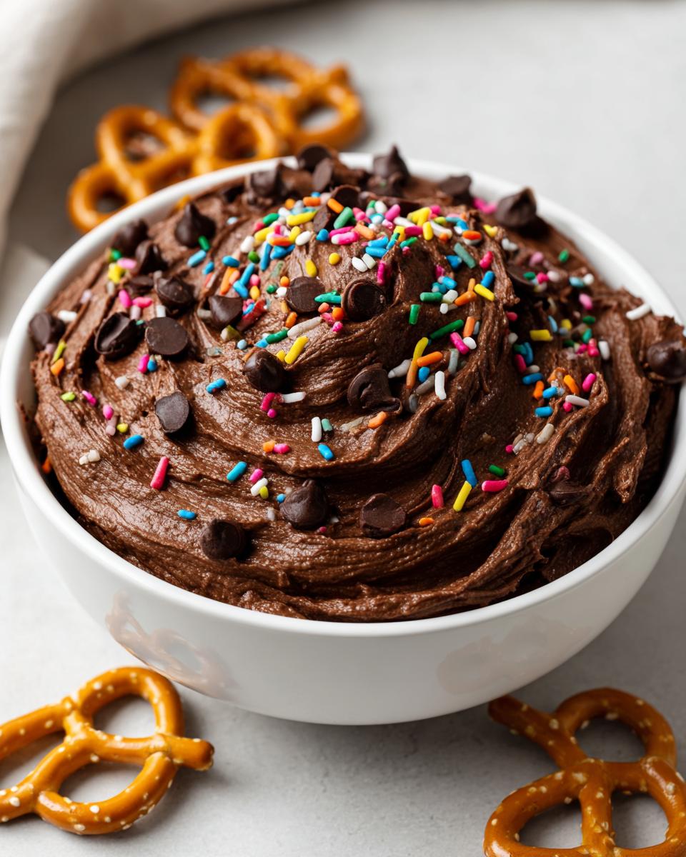 A white bowl filled with thick, rich brownie batter dip topped with chocolate chips and colorful sprinkles, served with pretzels.