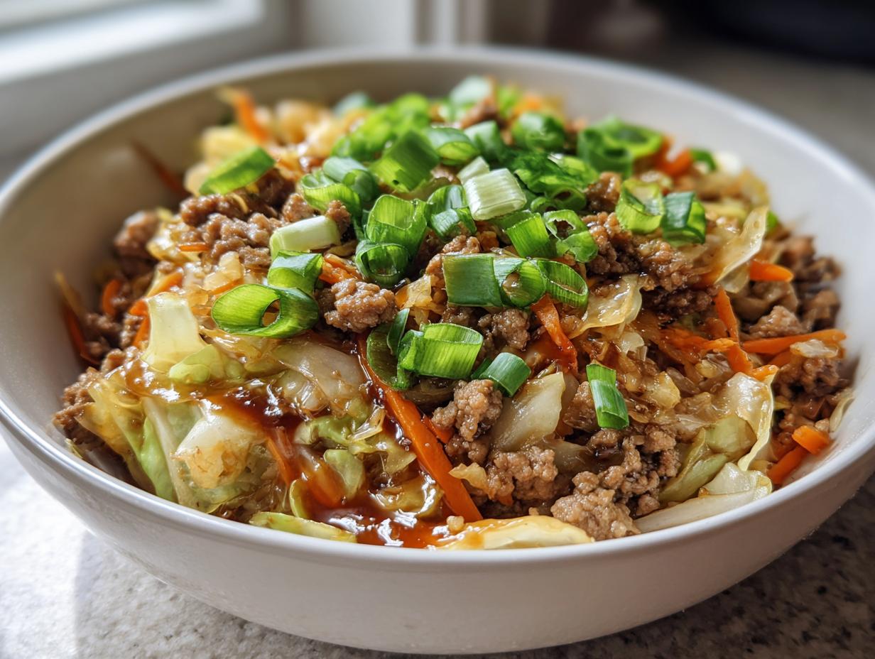 A close-up photo of a white bowl filled with savory Egg Roll in a Bowl, topped generously with chopped green onions.