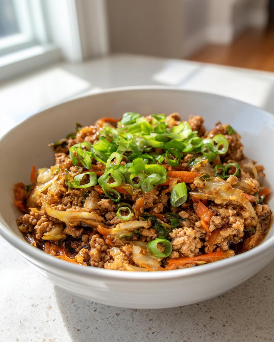 A close-up of a white bowl filled with savory egg roll in a bowl mixture, topped generously with sliced green onions.