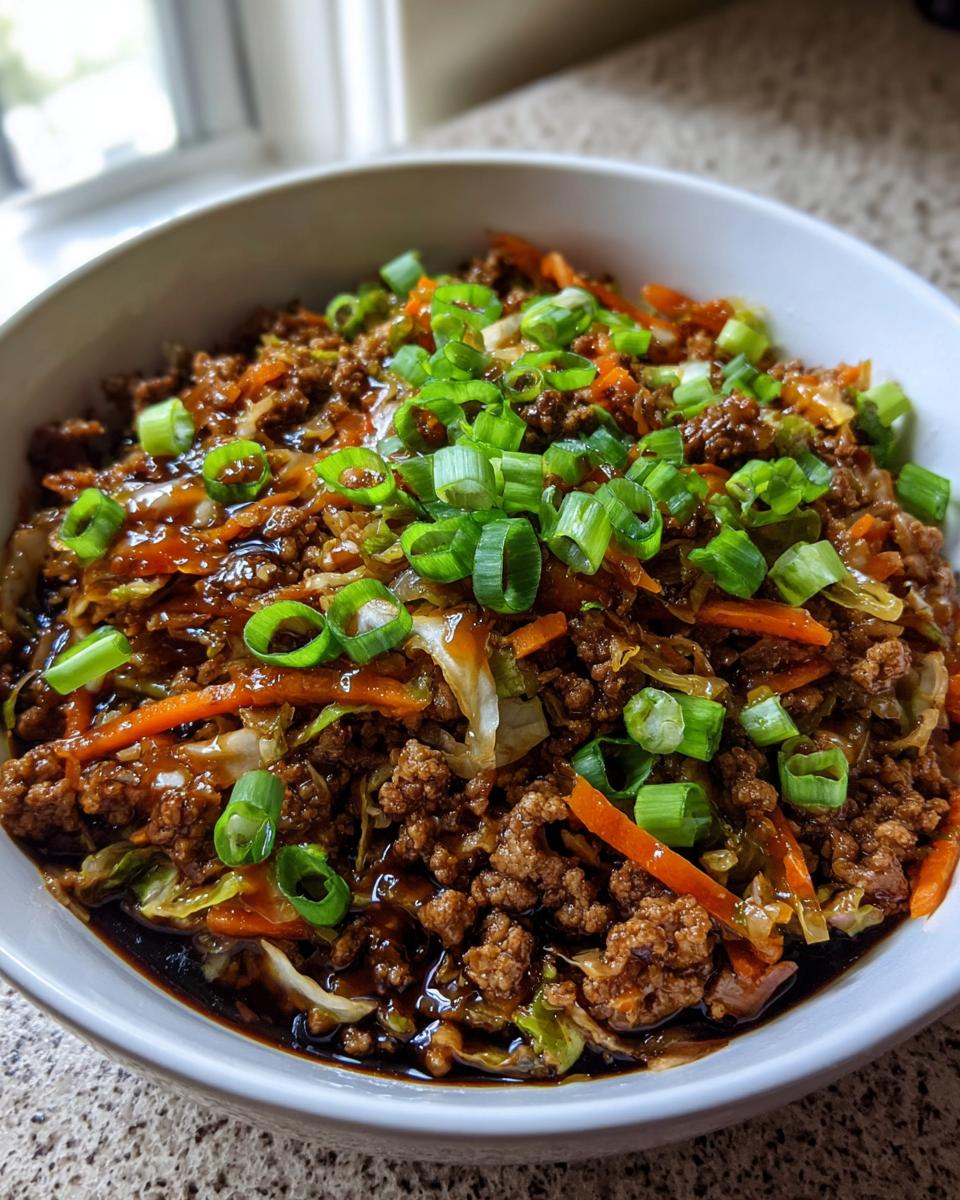 A close-up of a hearty serving of Egg Roll in a Bowl with ground meat, cabbage, carrots, and a dark sauce, topped with fresh green onions.