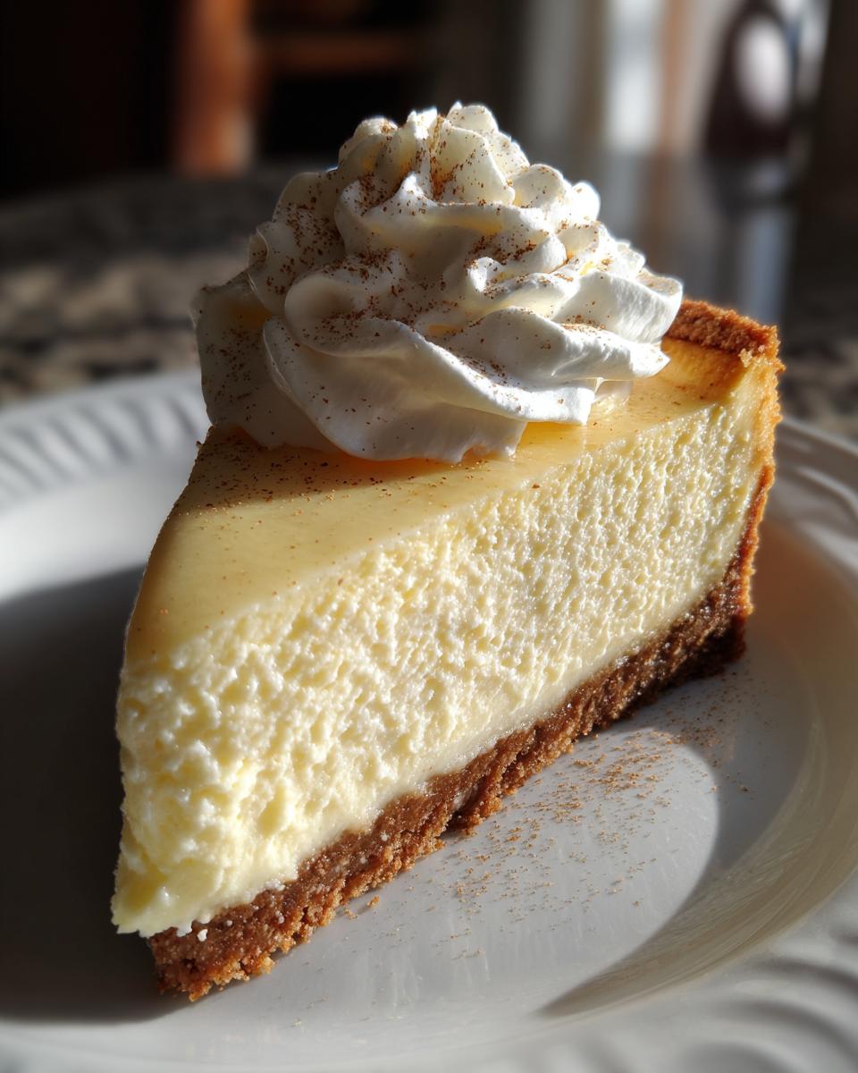 A perfect slice of creamy eggnog cheesecake recipe topped with whipped cream and cinnamon.