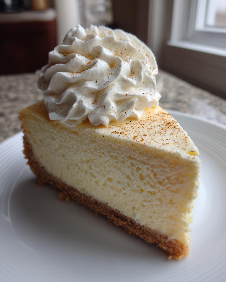 A perfect slice of creamy eggnog cheesecake topped with a swirl of whipped cream and nutmeg.