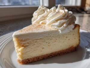 A perfect slice of creamy eggnog cheesecake recipe topped with whipped cream and cinnamon.