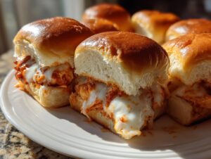 Close-up of gooey, melted cheese oozing out of freshly baked buffalo chicken sliders on a white plate.