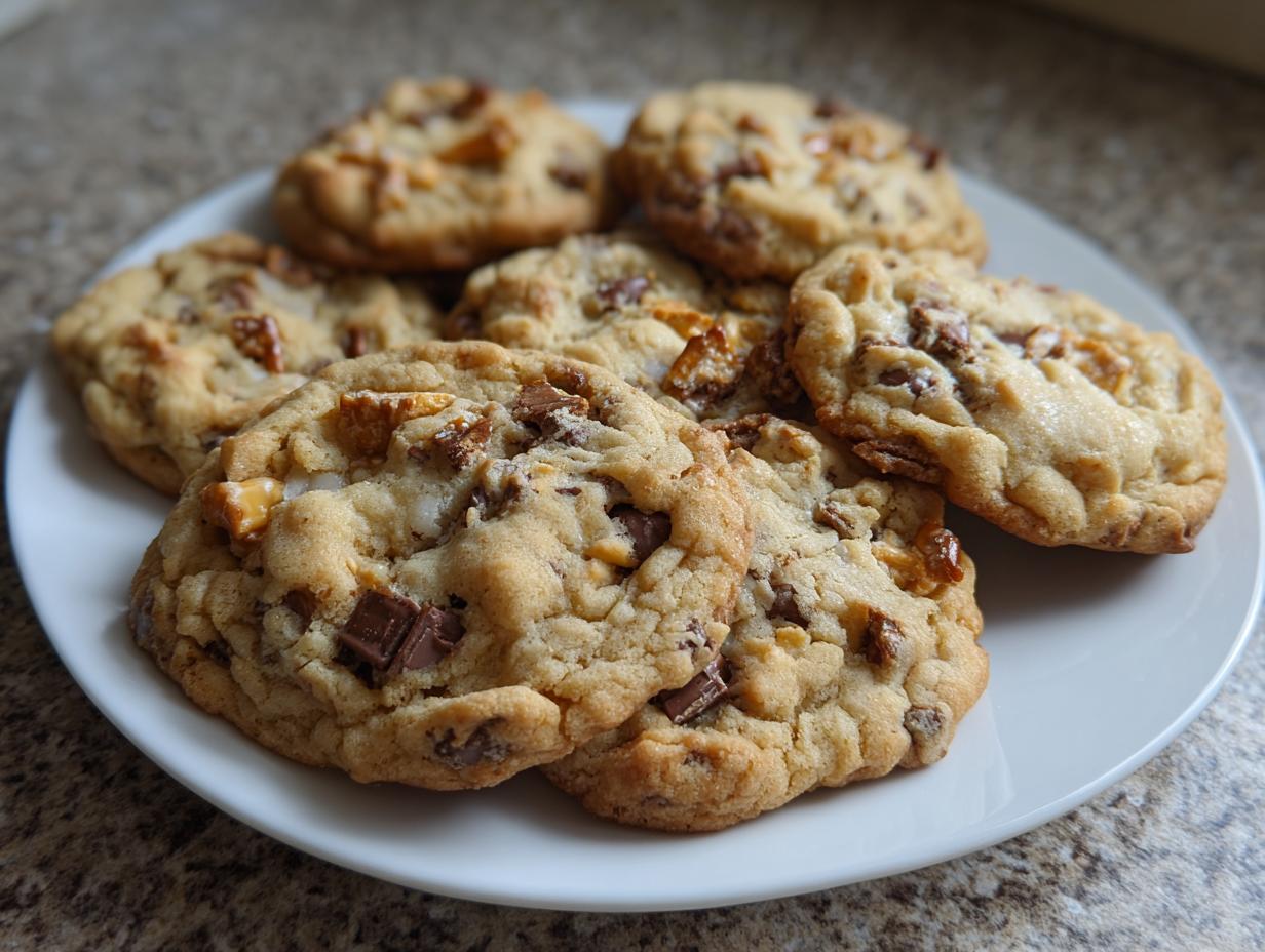 A white plate piled high with freshly baked, chewy kitchen sink cookies loaded with chocolate chunks and other mix-ins.