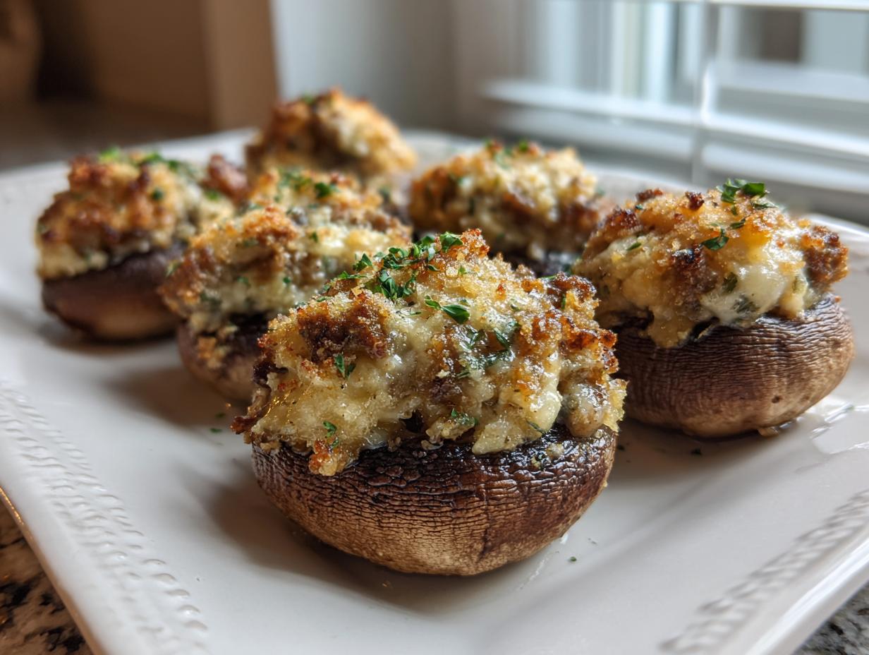 Close-up of several golden brown stuffed mushrooms recipe appetizers topped with melted cheese and parsley on a white platter.