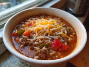 A close-up of a white bowl filled with rich, tomato-based stuffed pepper soup, featuring ground beef, rice, peppers, and shredded cheese.