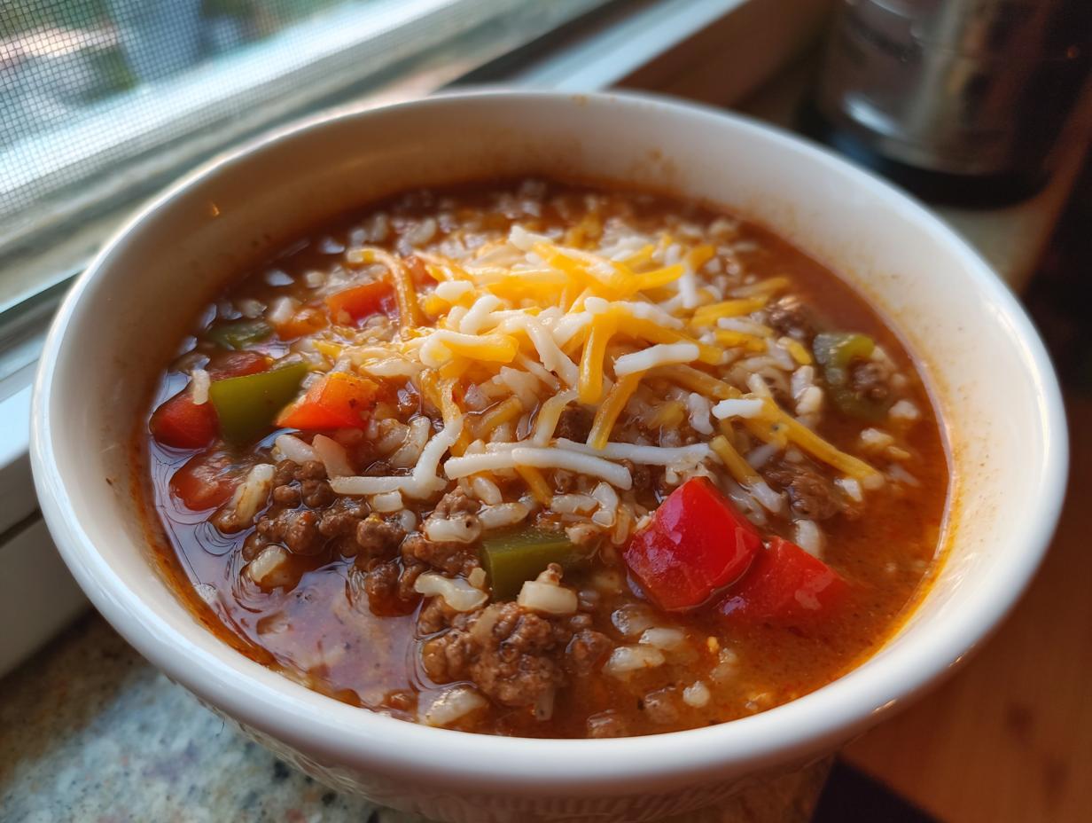 A close-up of a white bowl filled with rich, tomato-based stuffed pepper soup, featuring ground beef, rice, peppers, and shredded cheese.