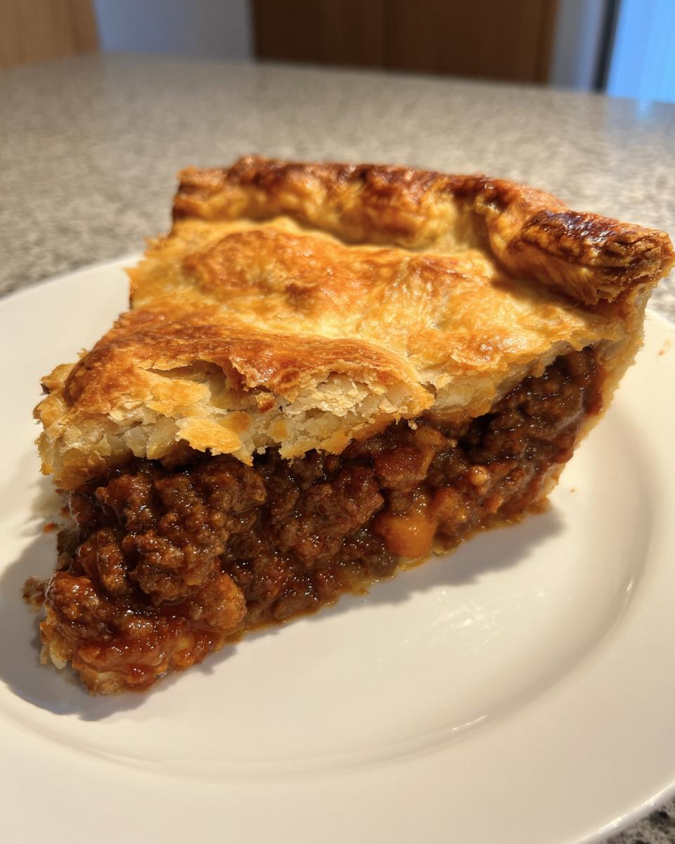 A close-up of a thick slice of meat pie showing a golden, flaky crust and rich, savory meat filling.