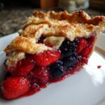 Close-up of a delicious slice of triple berry pie showing flaky crust and vibrant strawberry and blackberry filling.