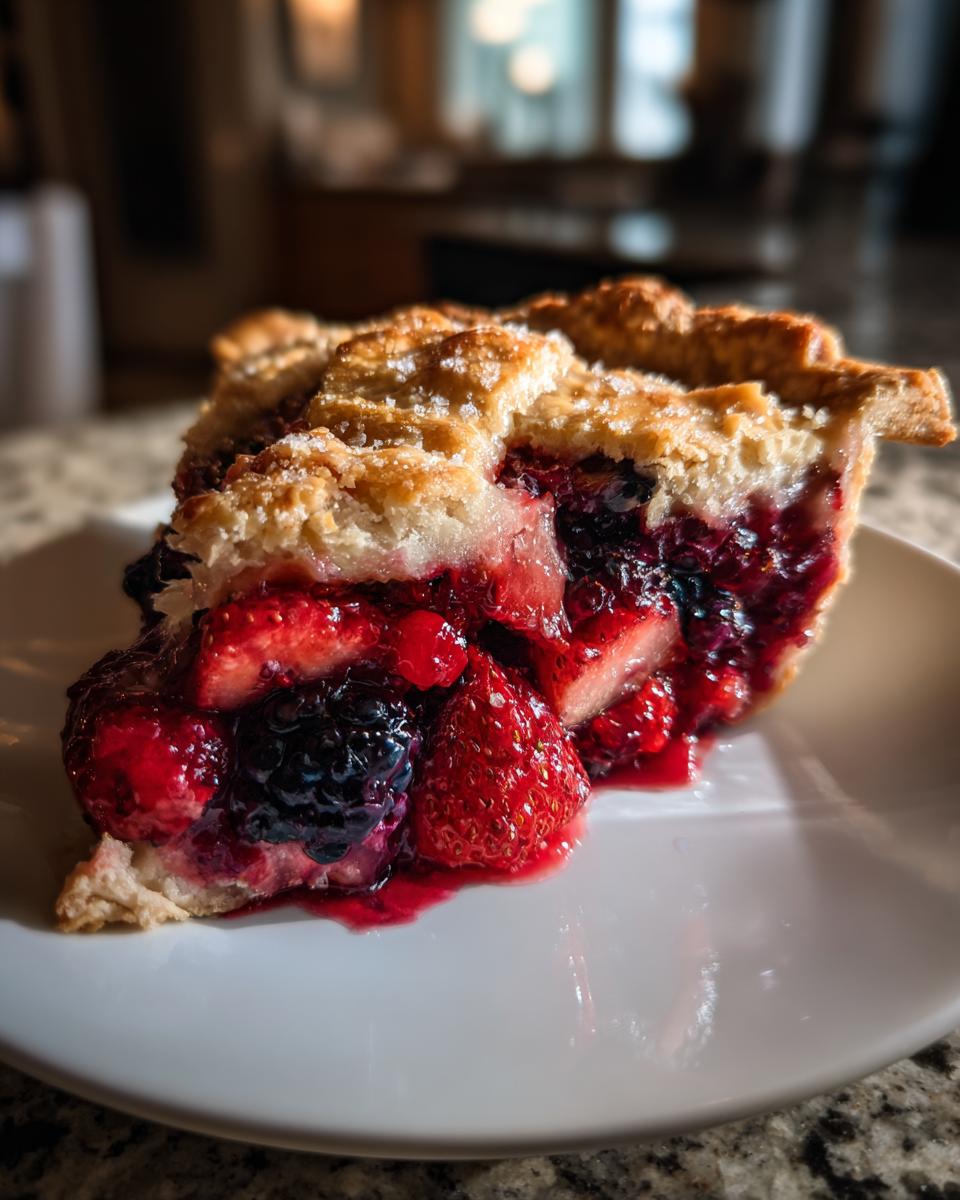 Close-up of a slice of triple berry pie showing juicy strawberries, blackberries, and a flaky, sugared crust.