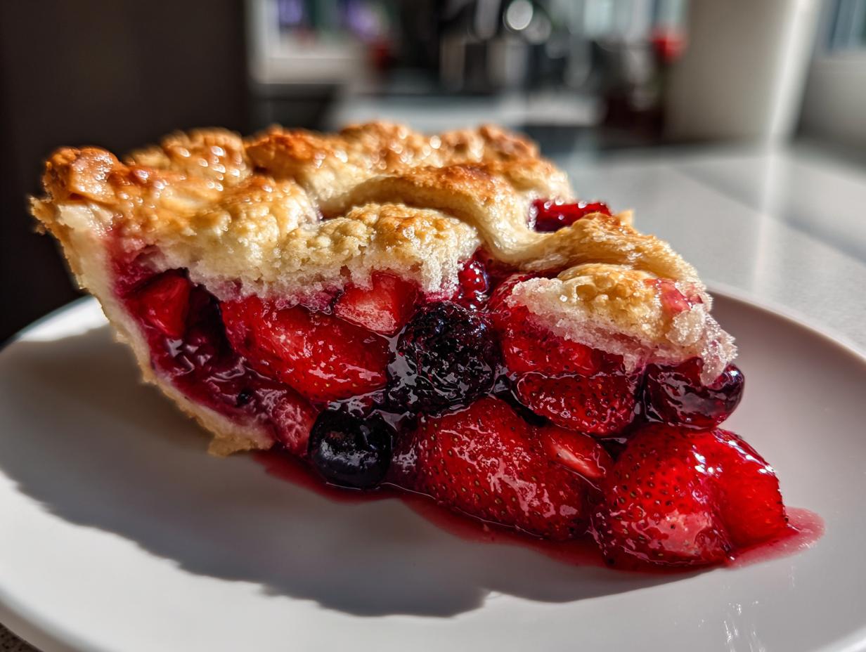 Close-up of a slice of triple berry pie showing juicy strawberries, blueberries, and blackberries in a flaky, golden crust.