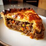 A close-up of a perfect slice of meat pie showing flaky golden crust and savory ground meat and vegetable filling.