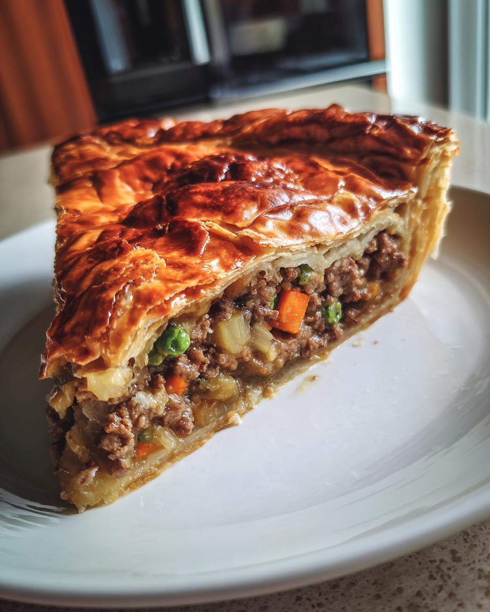 A close-up of a thick slice of meat pie showing a flaky, golden crust and savory ground beef filling with carrots and peas.