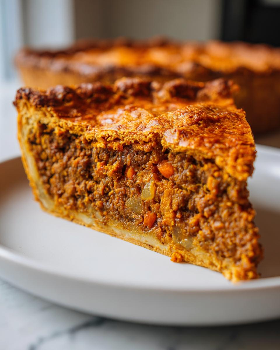 A thick slice of savory meat pie showing a rich, spiced filling with visible carrots and onions, resting on a white plate.