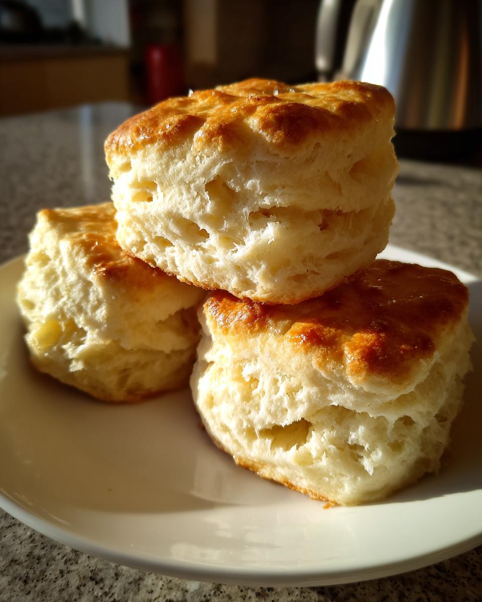 Three tall, flaky buttermilk biscuits stacked on a white plate, showing their layered texture.