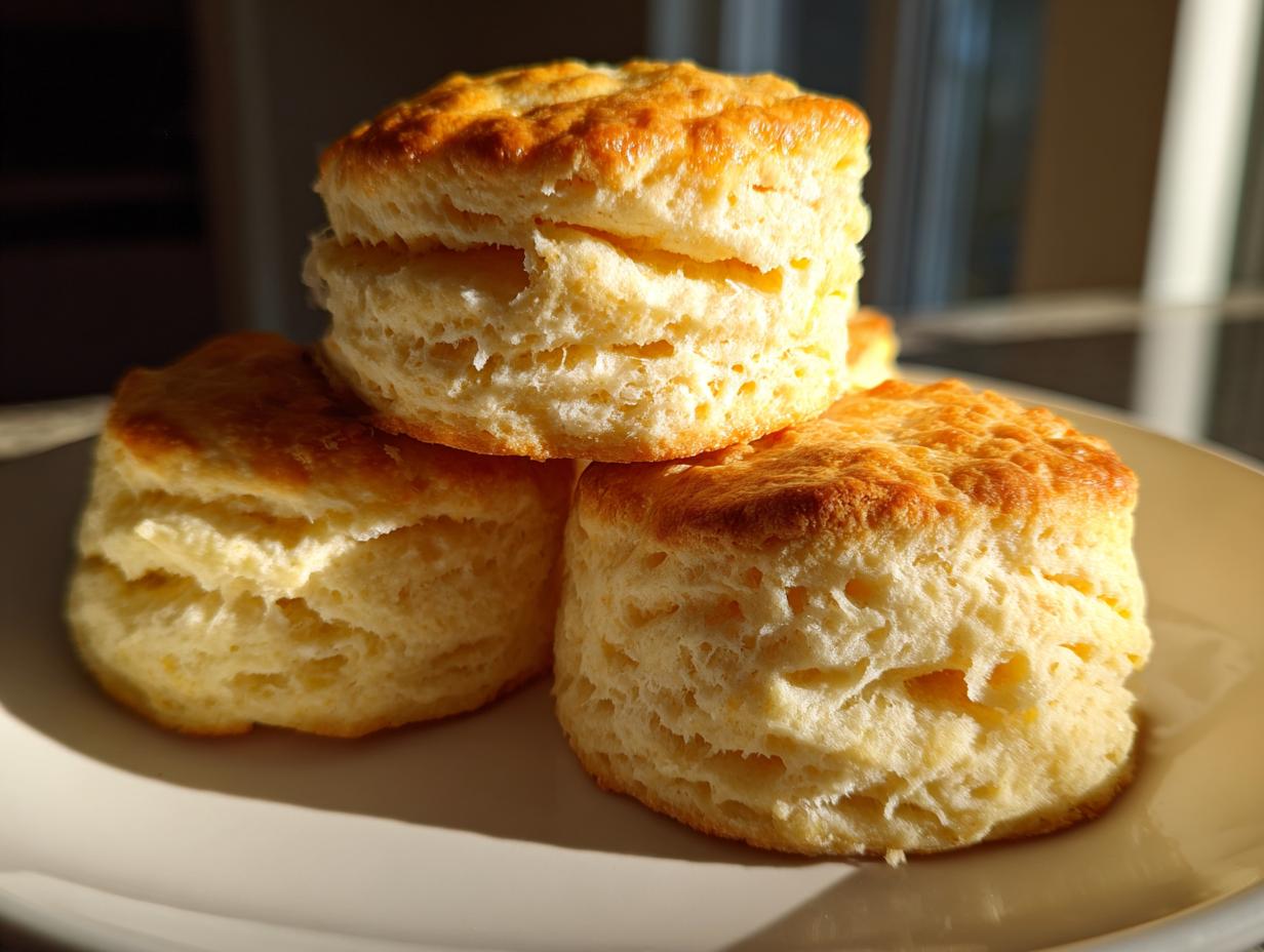 Close-up of three golden-brown, tall buttermilk biscuits stacked on a white plate, showing flaky layers.
