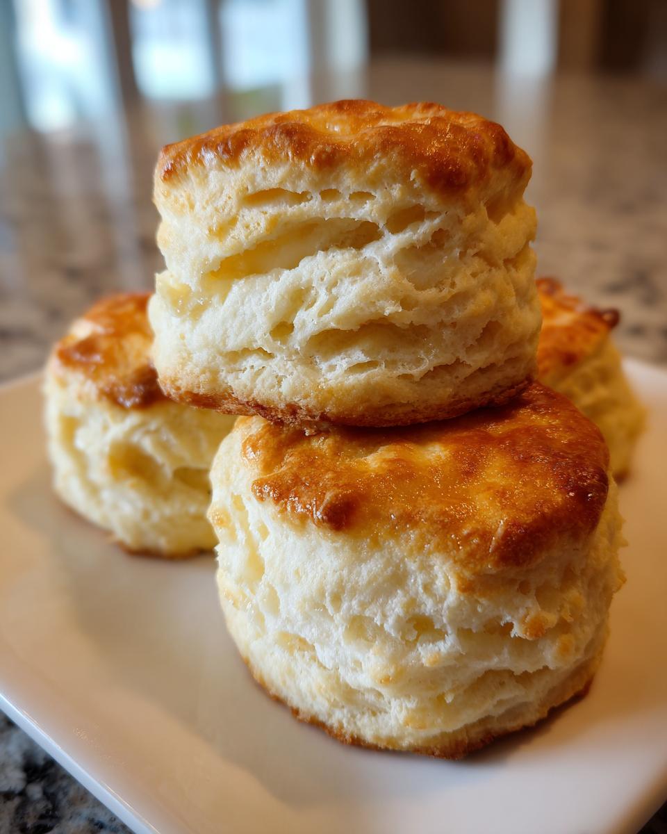 Close-up of tall, flaky buttermilk biscuits stacked on a white plate, showing golden tops.